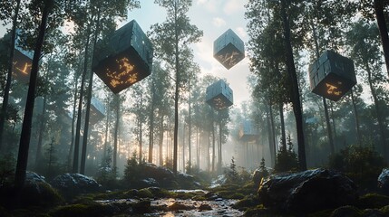 A surreal forest scene with floating cubes amidst trees and mist, creating an ethereal atmosphere.