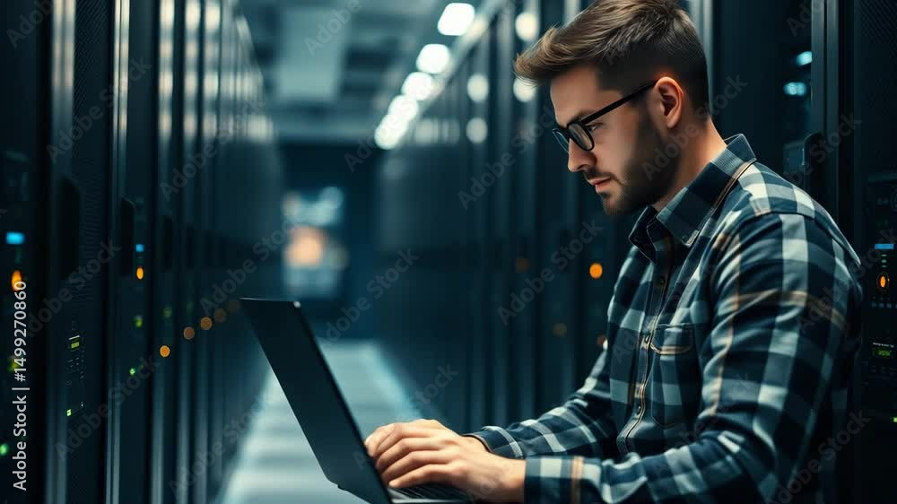 Poster young man working with laptop in data server center engineer it and technology concept
