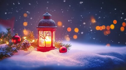 Fototapeta premium Red Christmas Lantern with Candlelight on Snowy Surface with Fir Tree, Ornaments, and Festive Bokeh