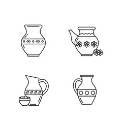 Outline drawings of four decorative pottery pieces in black and white silhouette style