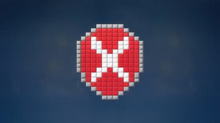 Obraz premium Pixelated red shield icon on blue gradient background for fantasy game