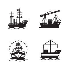 Obraz premium Set of four black and white silhouette icons representing different types of ships and vessels