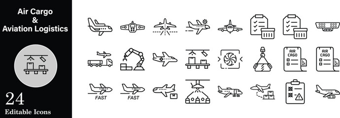 Air cargo and aviation logistics icon set featuring airplane delivery and transportation icons,representing the air freight and airmail industry