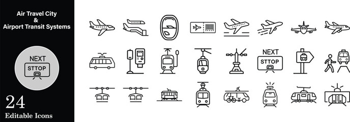 Air travel and city airport transit editable stroke icons set vector depicting transportation systems and aviation services ideal for illustrative purposes
