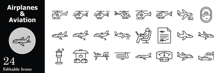 Aviation and airplane icons collection featuring helicopters airplanes airport scenes and flight related symbols providing a comprehensive vector set