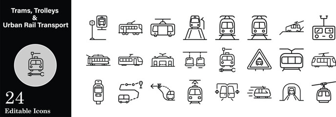 Set of urban transportation icons public transport tram trolley cable car light rail subway line vector illustration