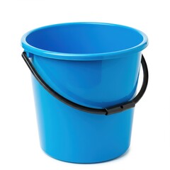 Blue plastic bucket isolated on white background, for cleaning, gardening, and household chores.