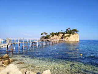 Zakynthos landscape of wooden bridge to Cameo island.