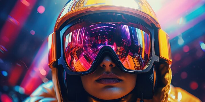 Portret osoby w goglach i kasku, neonowe światła