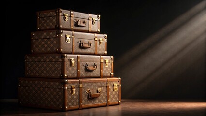 A majestic pyramid stack of five brown, vintage-inspired luxury trunks, featuring classic leather straps and gold-toned hardware, stands prominently against a dramatic dark background