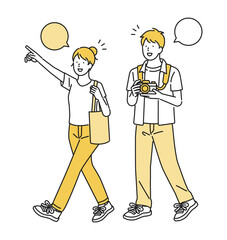 イラスト素材【旅行シーン】：楽しそうに出かける若いカップル / 夫婦