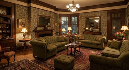 Elegant traditional living room interior featuring dark olive green furniture