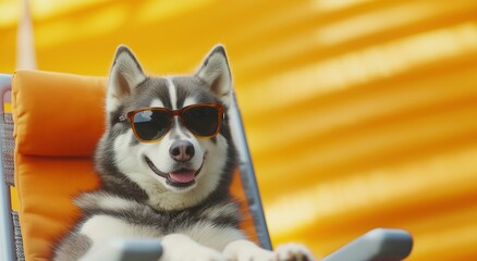 A relaxed Siberian Husky sitting comfortably in an orange lounge chair, wearing stylish sunglasses. The background is a vibrant, wavy yellow-orange surface that evokes a summery, warm atmosphere.