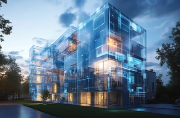High-tech apartment block with transparent walls and digital