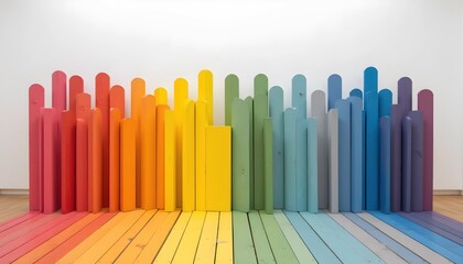 brightly colored wooden poles are arranged in a rainbow of colors