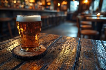 Golden Beer with Frothy Head on Wooden Coaster in Warm Pub Setting

