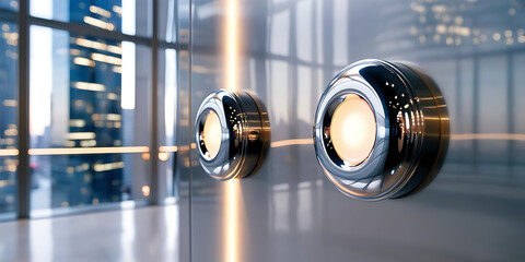 Contemporary Elevator Panel with Cityscape Background

