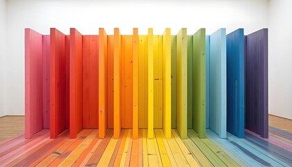 brightly colored wooden poles are arranged in a rainbow of colors