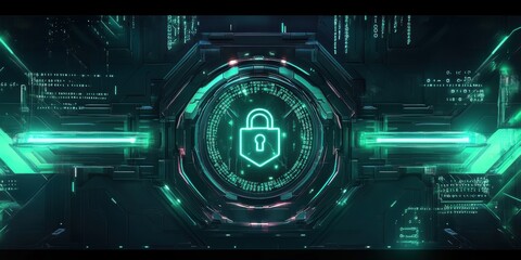 Futuristic cyber shield with digital lock symbol for high security protection concept