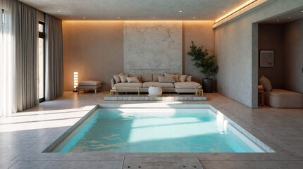 A small pool with a couch and a potted plant in front of it