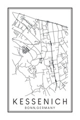 Hand drawn printable downtown road map poster of borough KESSENICH of the German city of BONN on solid white background with city name
