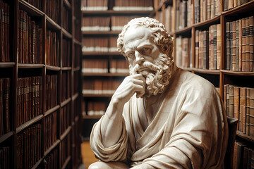 Marble statue of greek philosopher contemplating in library