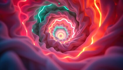 brightly colored swirls of a flower with a green center,