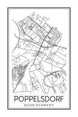 Fototapeta premium Hand drawn printable downtown road map poster of borough POPPELSDORF of the German city of BONN on solid white background with city name