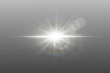 Bright white star light effect with glare. On transparent background.
