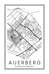 Hand drawn printable downtown road map poster of borough AUERBERG of the German city of BONN on solid white background with city name