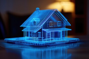 Holographic house model, digital blueprint, glowing blue lines