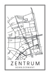 Hand drawn printable downtown road map poster of borough ZENTRUM of the German city of BONN on solid white background with city name