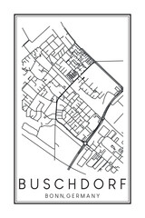 Hand drawn printable downtown road map poster of borough BUSCHDORF of the German city of BONN on solid white background with city name