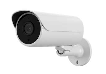 Modern white security camera Isolated on transparent background representing surveillance technology