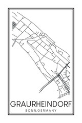 Hand drawn printable downtown road map poster of borough GRAURHEINDORF of the German city of BONN on solid white background with city name