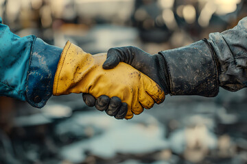 Two workers shaking hands after finishing work in a landfill