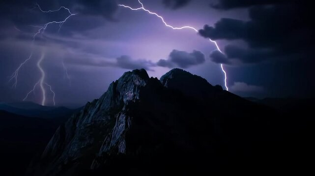 Nighttime Lightning Storm Over Mountain Ridge &ndash; Electrifying Bolts Striking Peaks with Glowing Clouds & Dramatic Sky