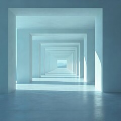 A serene, minimalist interior featuring multiple symmetrical arches leading to distant mountains, bathed in soft blue light.