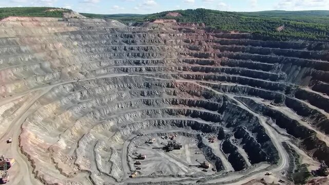 Aerial Drone View of Kimberlite Pipe Quarry &ndash; Vertical Rock Walls & Deep Conical Pit with Exposed Geological Strata