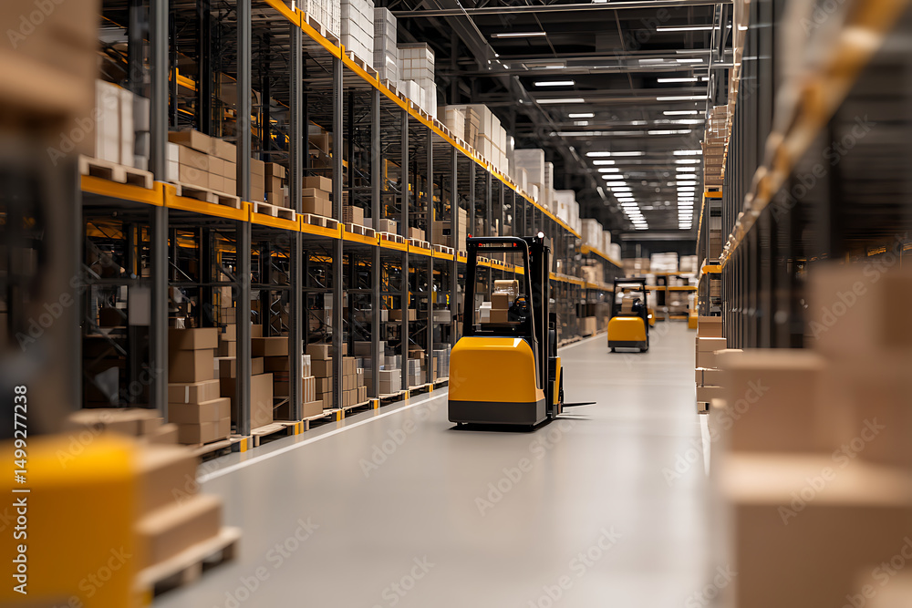 Poster Automated warehouse panoramic view showcasing smart technology and design for efficient storage solutions.