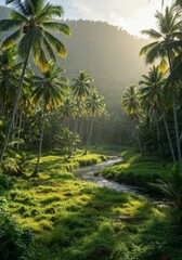Obraz premium Lush Tropical Valley with Palm Trees and Stream