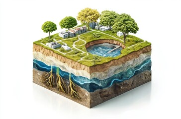 Isometric earth cross-section showing underground aquifers,