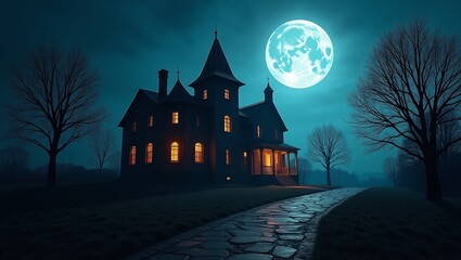 Fototapeta premium Full Moon Over a Dark Victorian Style House with Winding Stone Path