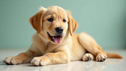 Golden Retriever puppy lying down, looking playful , adorable, isolated dog, isolated animal