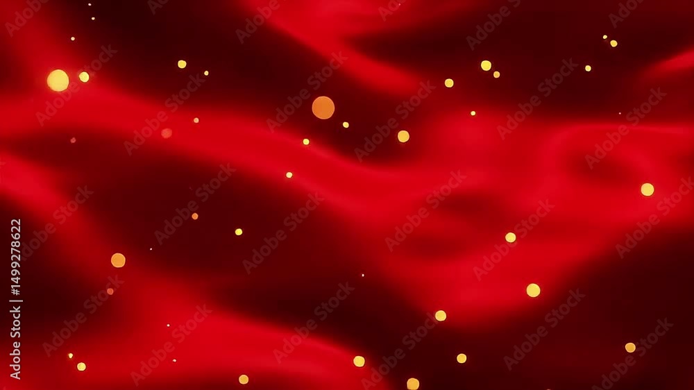 Poster abstract red silk background with floating golden bokeh particles animation