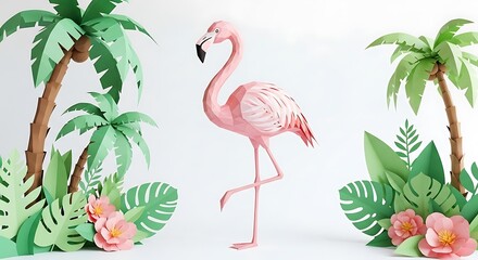 Fototapeta premium Pink flamingo papercraft tropical paradise palm trees flowers leaves summer vacation art decoration 3d art