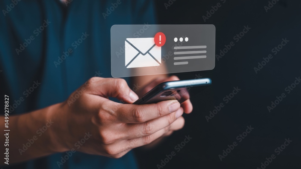 Aufkleber person holding a smartphone displaying an email notification with a warning symbol.