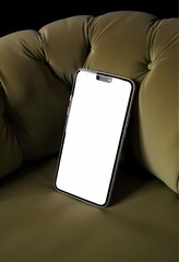 Mobile phone resting on the couch with a modern design and clear screen