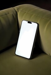 Mobile phone resting on the couch with a modern design and clear screen