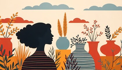 Silhouette of a woman in a floral dress holding a wine bottle and glass, with a vintage party vibe, surrounded by nature and summer elements, in a stylish and artistic vector illustration